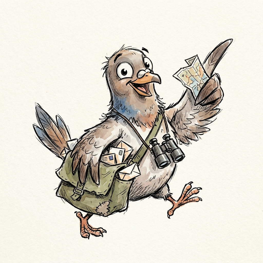 Marco the carrier pigeon holding a map, ready for an adventure