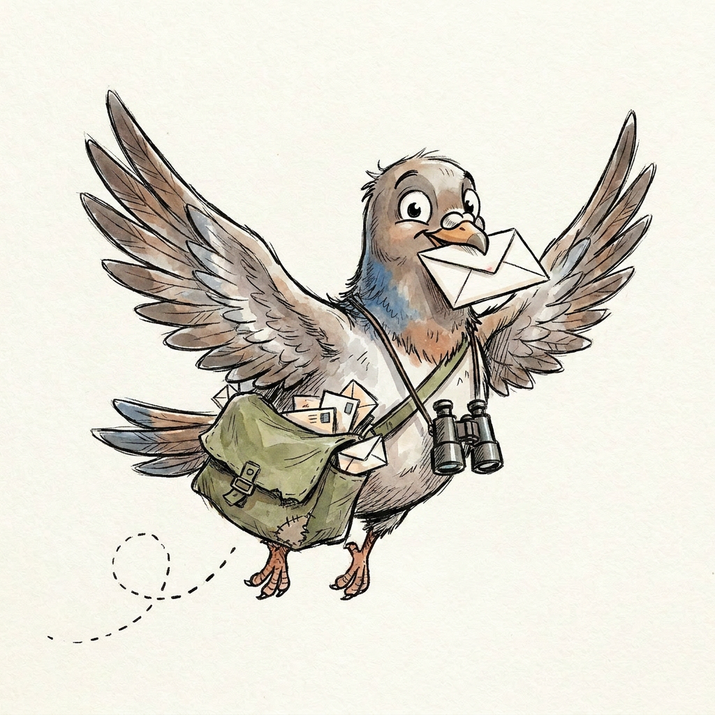 Marco flying with an envelope in his beak